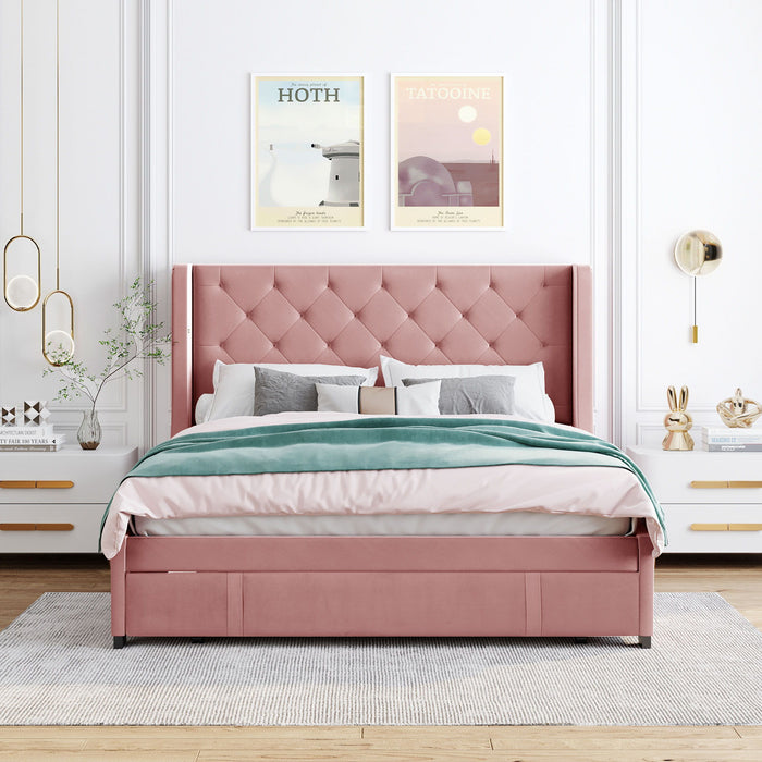 Storage Bed Velvet Upholstered Platform Bed With Wingback Headboard And A Big Drawer
