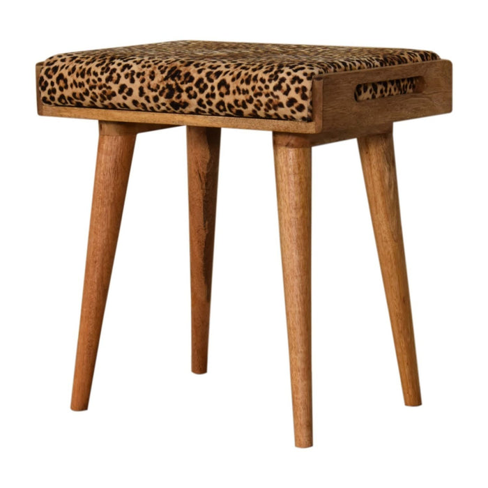 Leopard Velvet Tray Style Footstool - Brown Oak