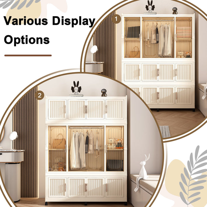 Portable Wardrobe Closet Storage Organizer With 12 Magnetic Doors, 12 Cubes, Hanging Rod & 6 Hangers - Creamy White