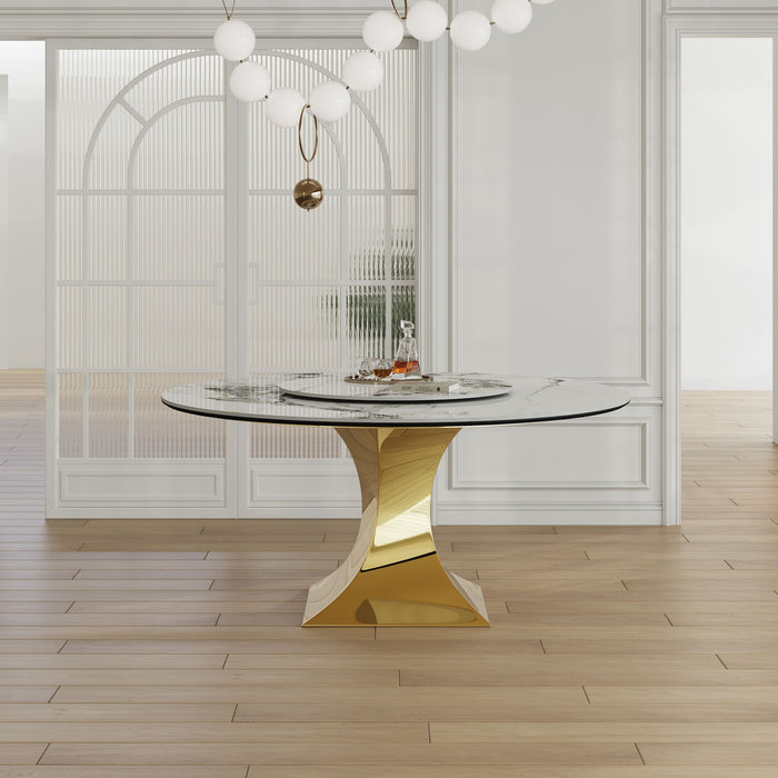 Luxury Round 59" Sintered Stone Dining Table With Stainless Steel Hourglass Base, Scratch & Heat Resistant Surface - Golden / White