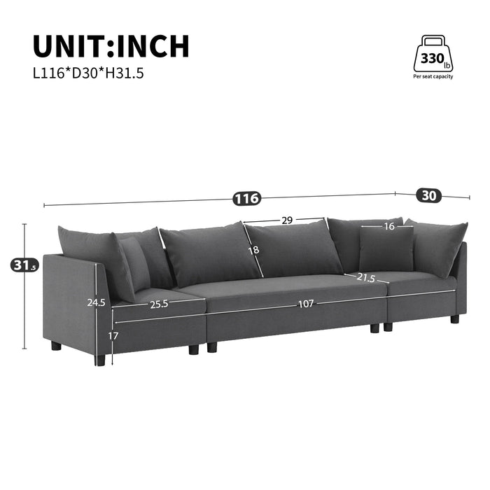 Modern Modular Sectional Oversized 4 Seat Couch Set & 4 Pillows, Minimalist Style Wide Seat Comfy Sofa - Gray