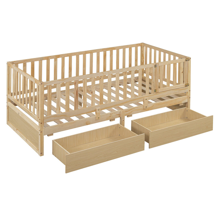 Daybed With Fence Guardrails And 2 Drawers, Split Into Independent Floor Bed & Daybed