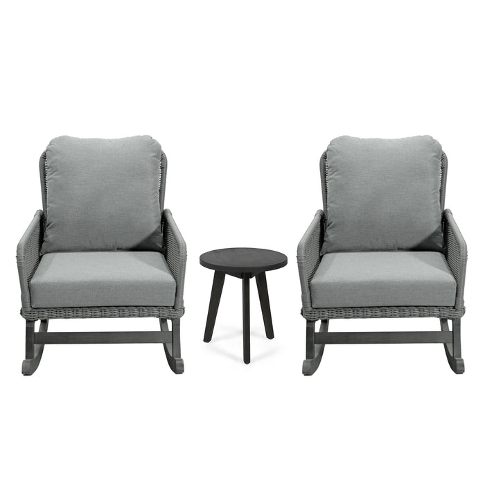 Modern 3 Piece Outdoor Seating Set With Cushioned Rattan Rocking Chairs And Wooden Accent Table