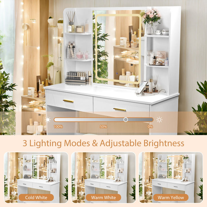 Vanity Desk With Mirror And LED Lights 3 Lighting Modes And Power Outlet 2 Spacious Drawers And Stool - White