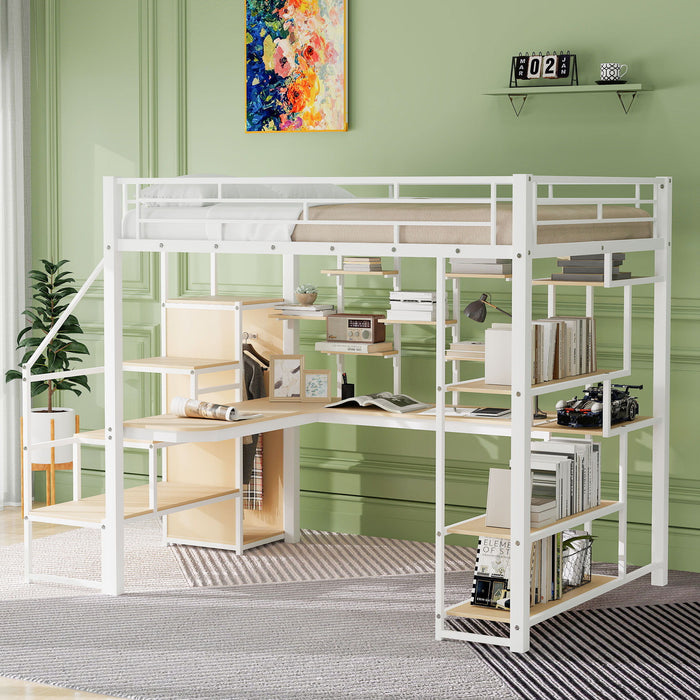 Loft Bed With Storage Staircase And Small Wardrobe, Built - In Desk And Storage Shelves