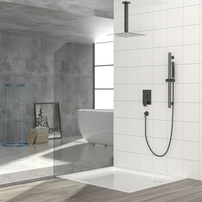 Ceiling Mounted Square Shower System With Adjustable Slide Bar, 16" Rainfall Shower With Handheld - Matte Black