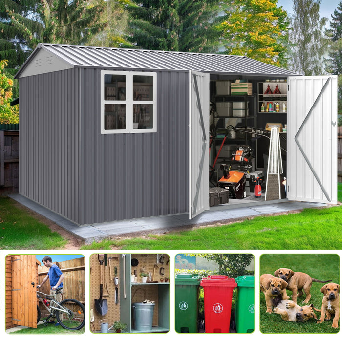 8 0 Ft Outdoor Storage Garden Tool Shed With Thickened Galvanized Steel With Sloped Roof & Double Lockable Door Storage Shed Large With 6 Vents - Gray