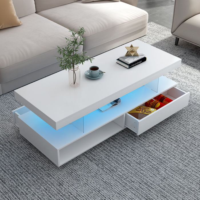 LED Coffee Table With 2 Drawers And Display Shelves