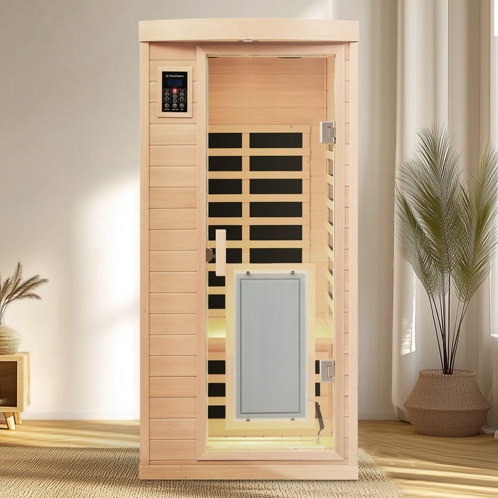 Low Emf Front Door With Heating Panel 1 People Hemlock Far Infrared Indoor Sauna Room - Natural