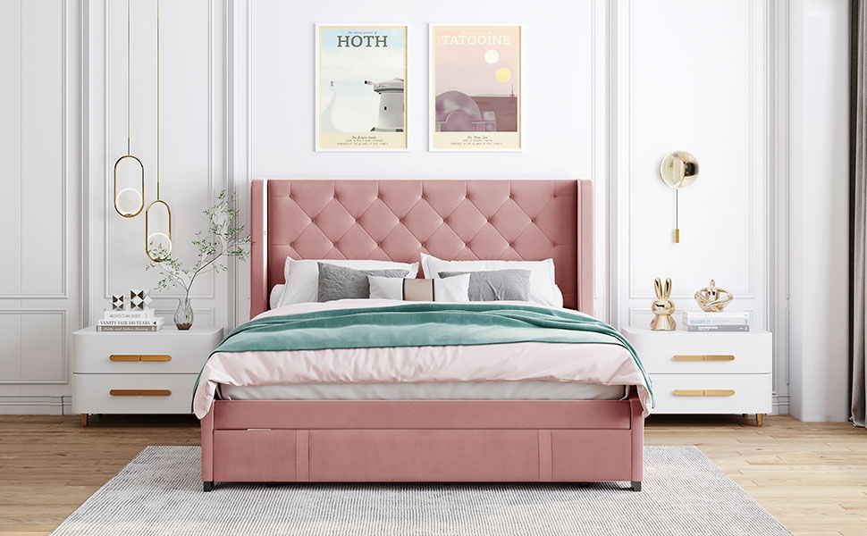 Storage Bed Velvet Upholstered Platform Bed With Wingback Headboard And A Big Drawer