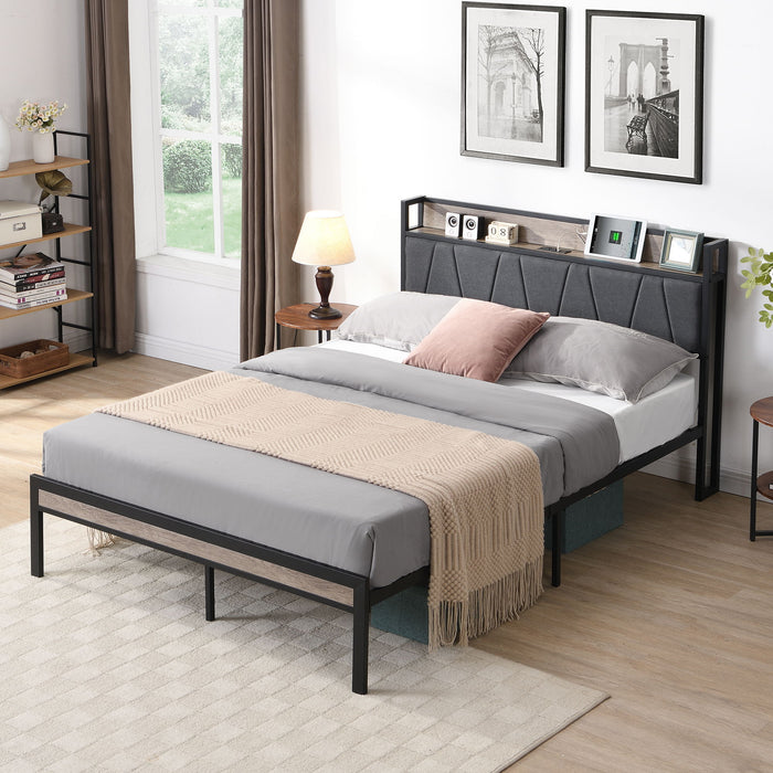 Modern Platform Bed Frame With Upholstered Storage Headboard, USB Ports