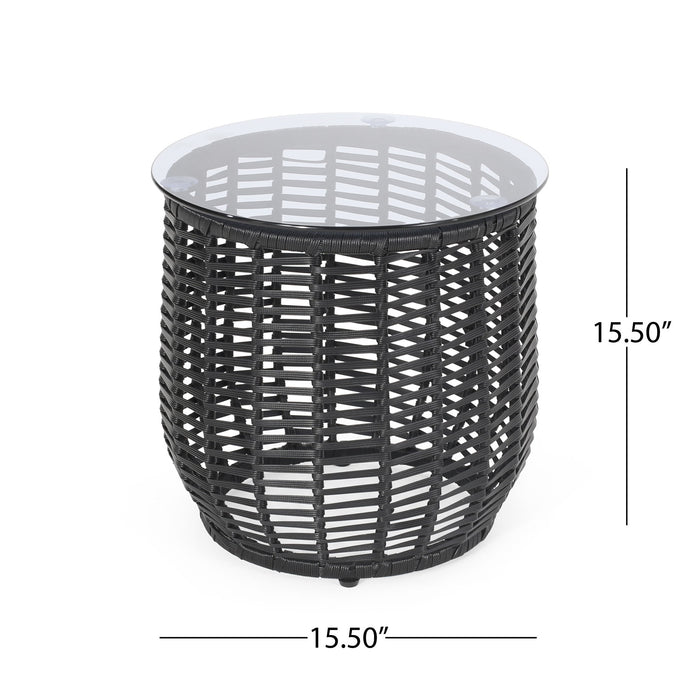 Boho Arias - Side Table With Tempered Glass Top And Rattan Wrap