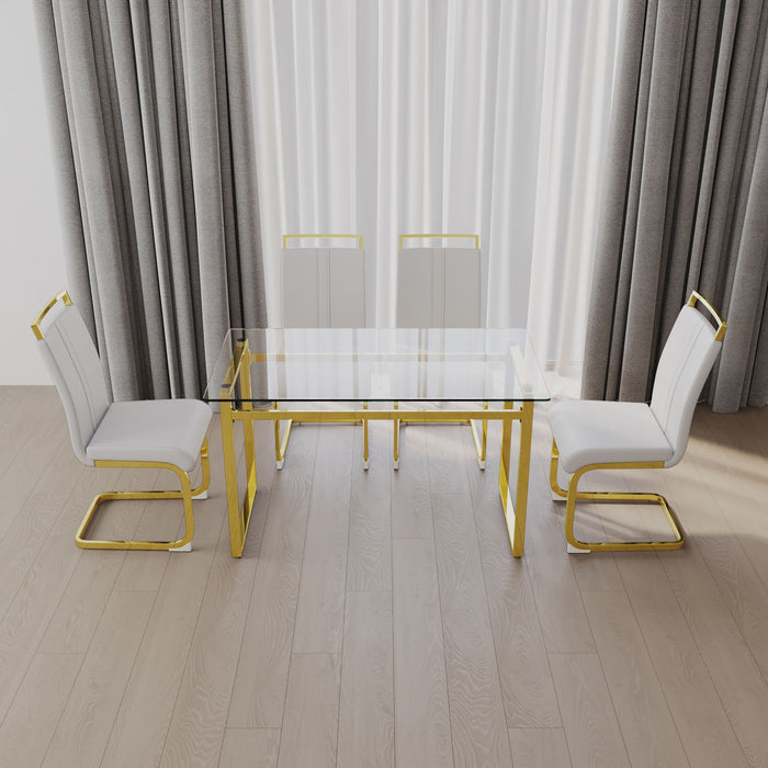 Modern Glass Dining Table Set For 4 With Golden Plating Legs And Chairs - Transparent