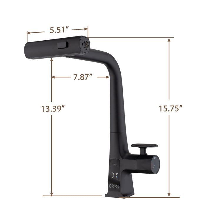 Modern Waterfall Kitchen Faucet With Temperature Display And Pull Down Sprayer, Zinc Construction - Matte Black