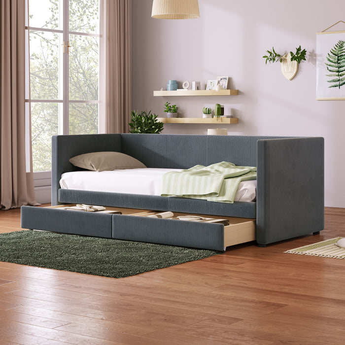 Corduroy Daybed With Two Drawers And Wood Slat