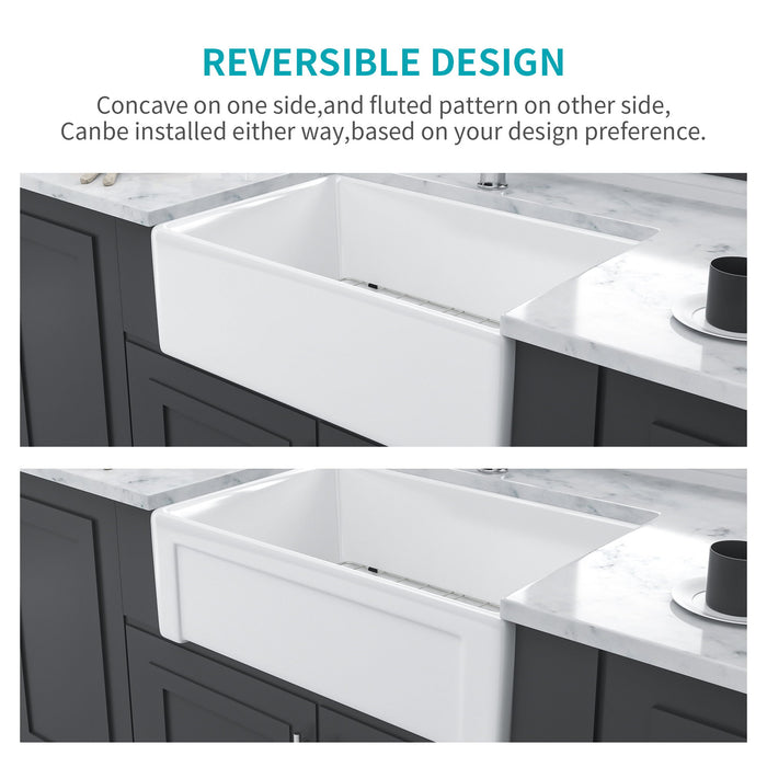 Sink 30" Apron Front Reversible Single Bowl Kitchen Sink With Grid, Strainer - White