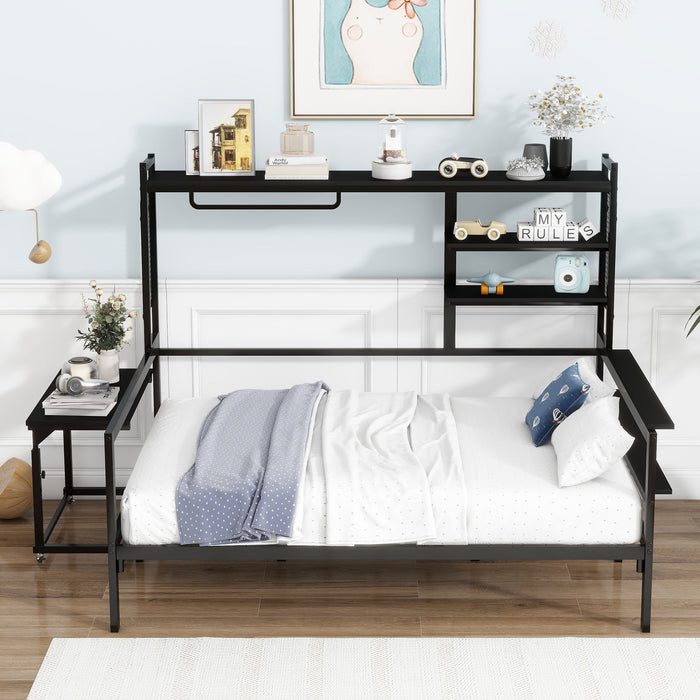 Daybed With Movable Desk, Grid, Shelves And Clothes Hanger