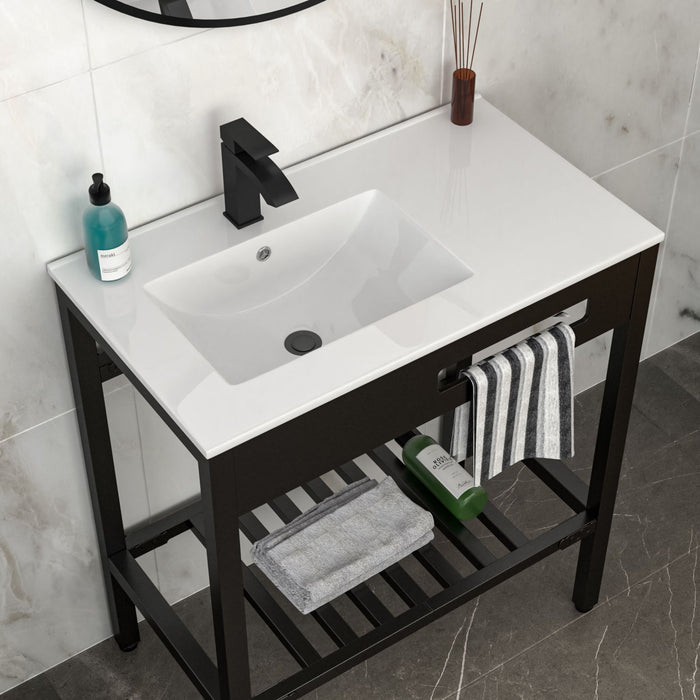 Console Sink With Legs, 32" X 18.5", Durable Porcela With Support - White / Black