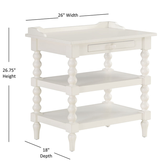 Aria - Nightstand With Styling, 2 Shelves, Pull Out Tray, Spool Turned Legs - Antique White