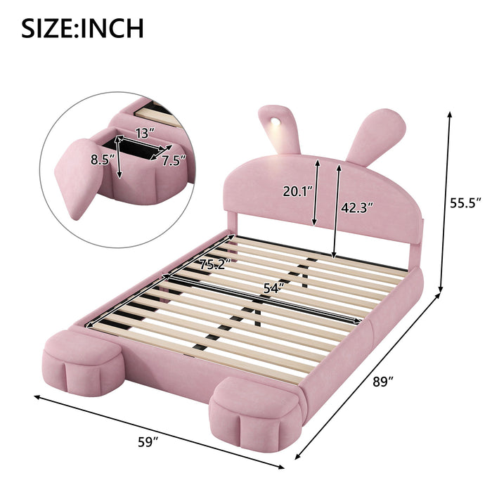 Upholstered Platform Bed With Cartoon Ears Shaped Headboard And LED Light