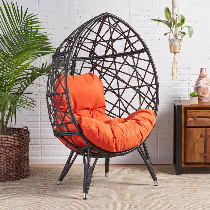 Outdoor Wicker Teardrop Chair With Cushion - Orange / Brown