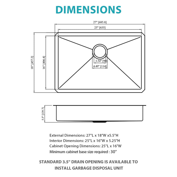 Ada-Compliant 27" Undermount Sink, Low Depth Single Bowl - Brushed Nickel
