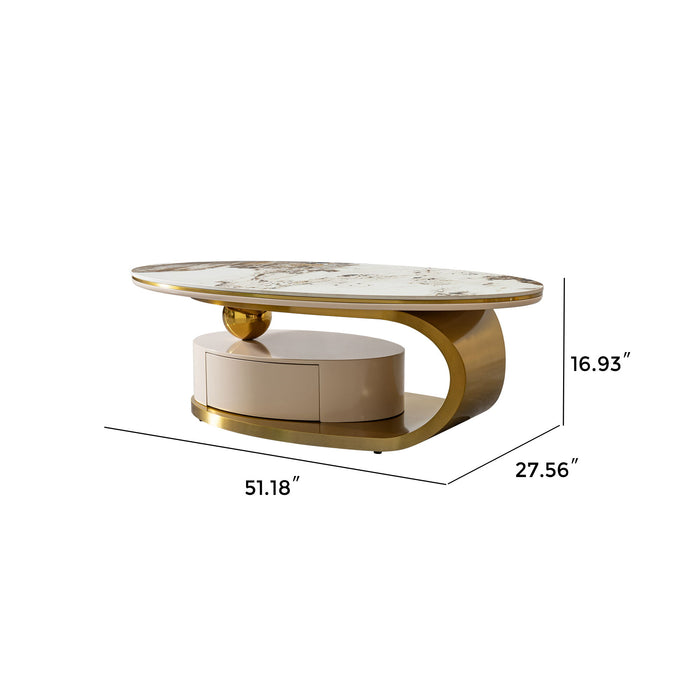 Modern Coffee Table Thick Sintered Stone Top With 2 Drawers Matt Stainless Steel Base - Gold