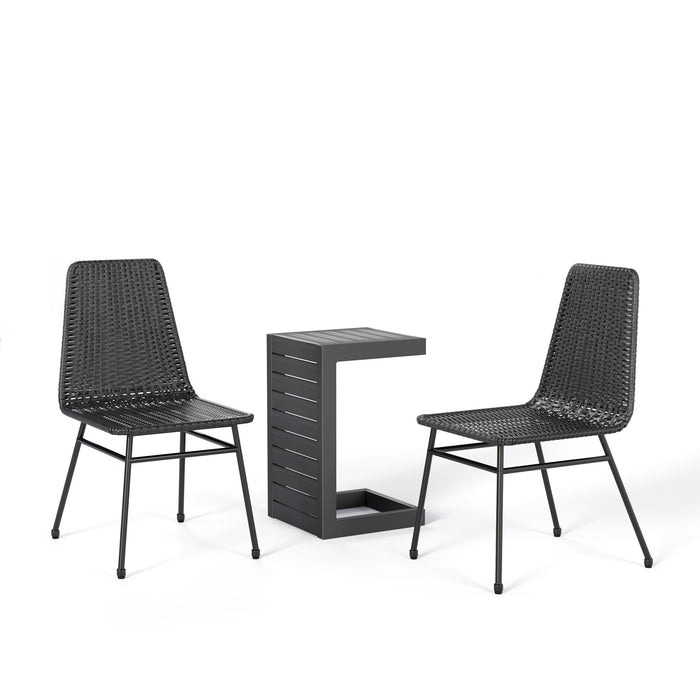 Aluminum And Rattan Chat Set, Outdoor Patio Set Includes Rattan Dining Chair Set Of 2 And C Shaped Side Table - Dark Brown