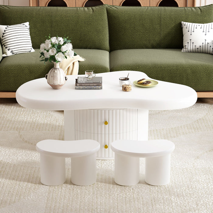 Cloud - Coffee Table (Set of 3), Irregular Shape Coffee Table With 2 Drawers, 2 Small Stools For Living Room - White