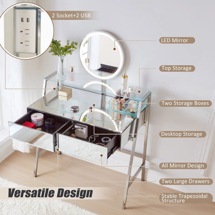 33.9" Mirrored Makeup Vanity Desk With Mirror And Lights, Mirrored Console Vanity Table With 2 Big Drawers & Open Shelf, Dressing Table With Charging Station For Bedroom - Silver