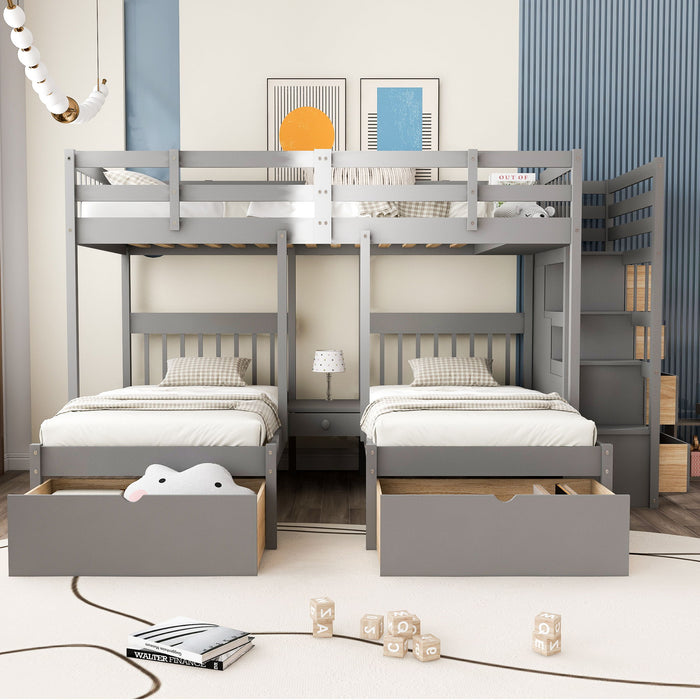 Multifunctional Triple Bunk Bed With Drawers And Guardrails