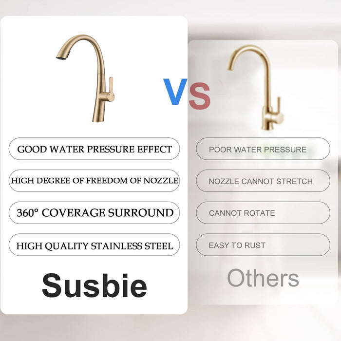 Elegant Single Handle Stainless Steel Pull Out Kitchen Faucet With High Arch Spout - Brushed Gold