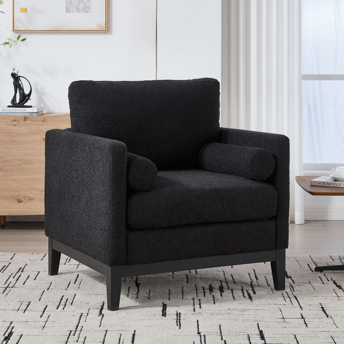 Wide Modern Farmhouse Performance Accent Chair With Legs, Wood Base