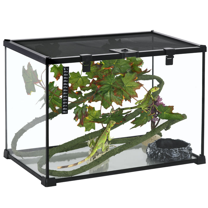 Pawhut - 14 Gallon Reptile Glass Terrarium Tank With Decor Kit Breeding Box Full View With Visually Appealing Sliding Screen Top For Lizards Frogs Snakes Spiders - Black