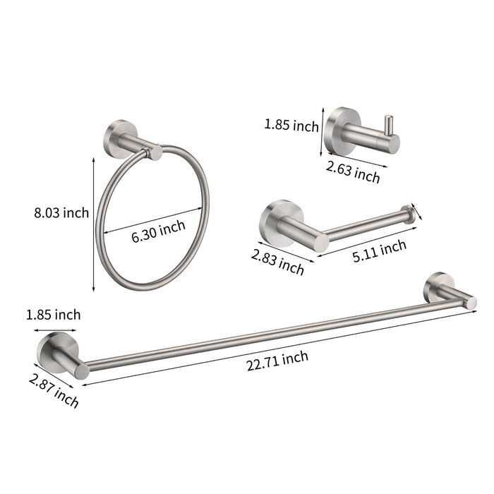 Bathroom Set 4 Pack With Towel Bar Racks, Toilet Paper Holder, Ring, Hook, Stainless Steel - Brushed Nickel