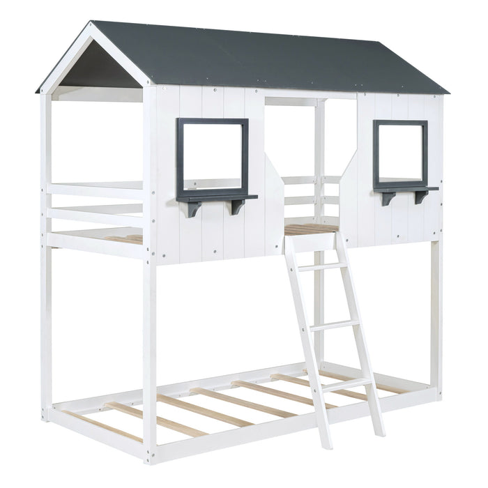 Twin Over Twin Bunk Bed With Roof, Window, Guardrail, Ladder