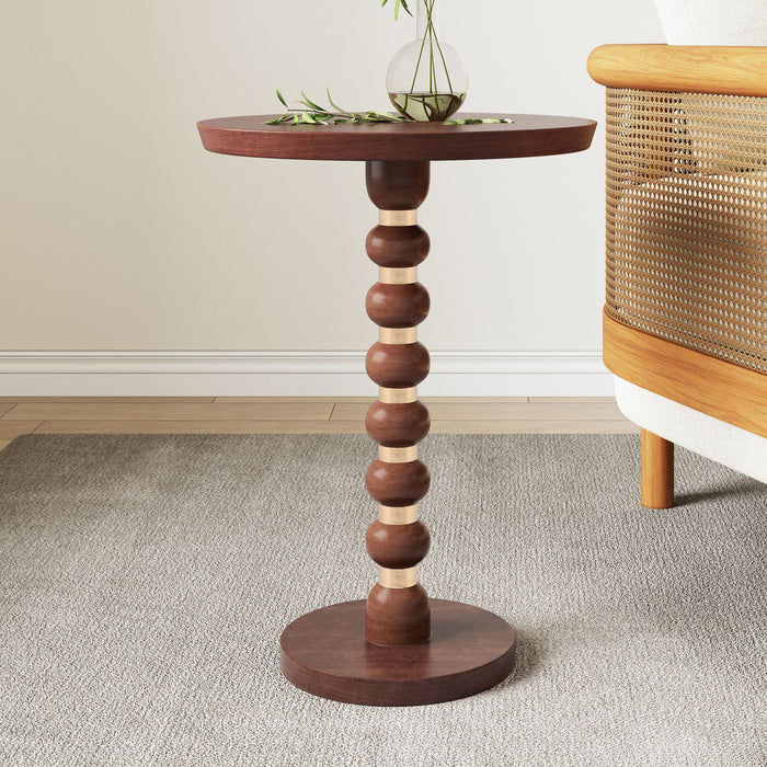 Modern Mango Wood Round End Table With Gold Accents, Solid Wood - Honey