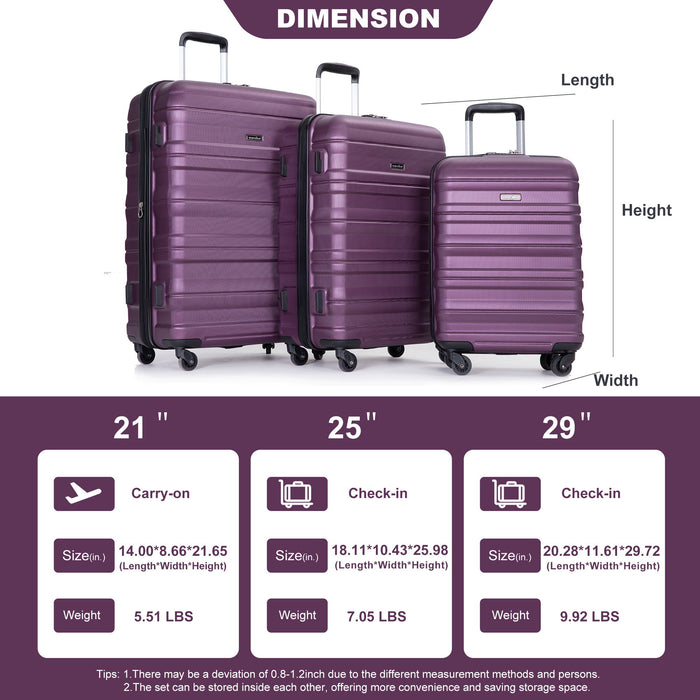 Expandable 3 Piece Luggage Sets Pc Lightweight & Durable Suitcase With Two Hooks, Spinner Wheels, Tsa Lock, (21/25/29) - Dark Purple