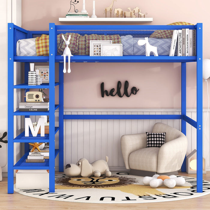 Loft Bed With 4 Tier Shelves And Storage