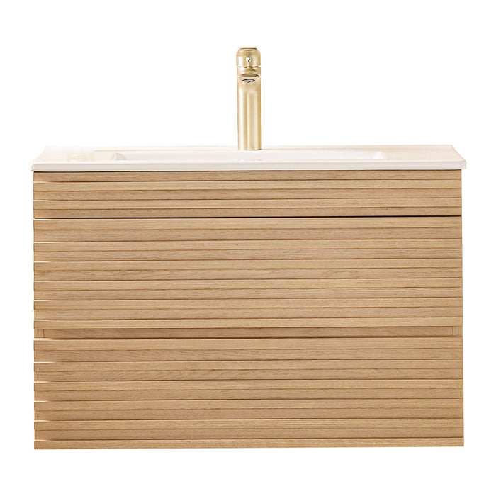 Wall Mounted & Floating Single Vanity With Ceramic Sink - Natural Walnut