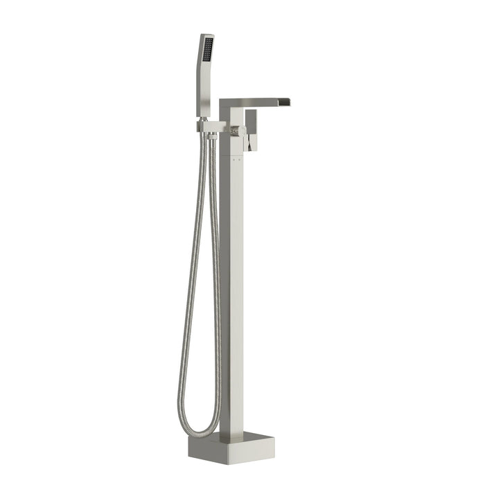 Freestanding Bathtub Faucet Waterfall Tub Filler Floor Mount Solid Brass With Hand Shower - Brushed Nickel