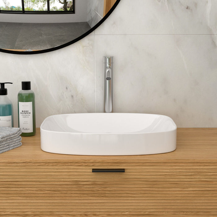 Modern Semi Recessed Ceramic Bathroom Sink With Vessel Design - White