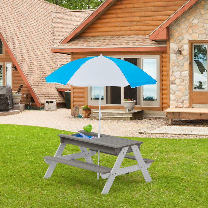 Wooden Kids Picnic Table, Sand And Water Table With Umbrella, Activity Table For Outdoor Backyard Patio Play - White / Gray