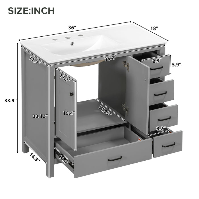 Bathroom Vanity With Ceramic Sink Combo, Abundant Storage Cabinet 2 Soft Close Doors And 5 Drawers