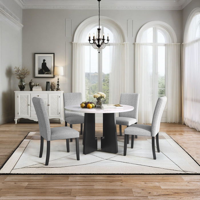 5 Piece Round Dining Table Set, Dining Table And 4 Upholstered Chairs For Dining Room, Kitchen Room, Living Room - White / Gray