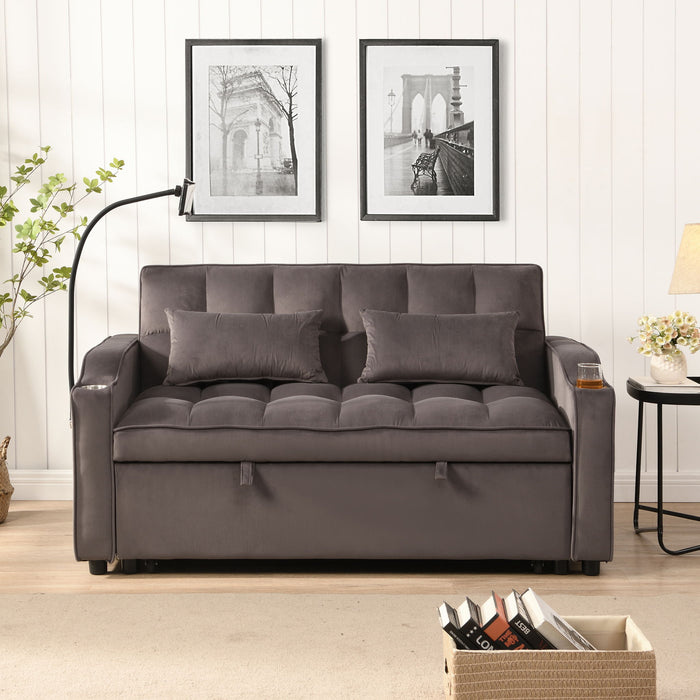 Modern Velvet Loveseat Futon Sofa With Pullout Bed, Adjustable Reclining Backrest, Toss Pillows