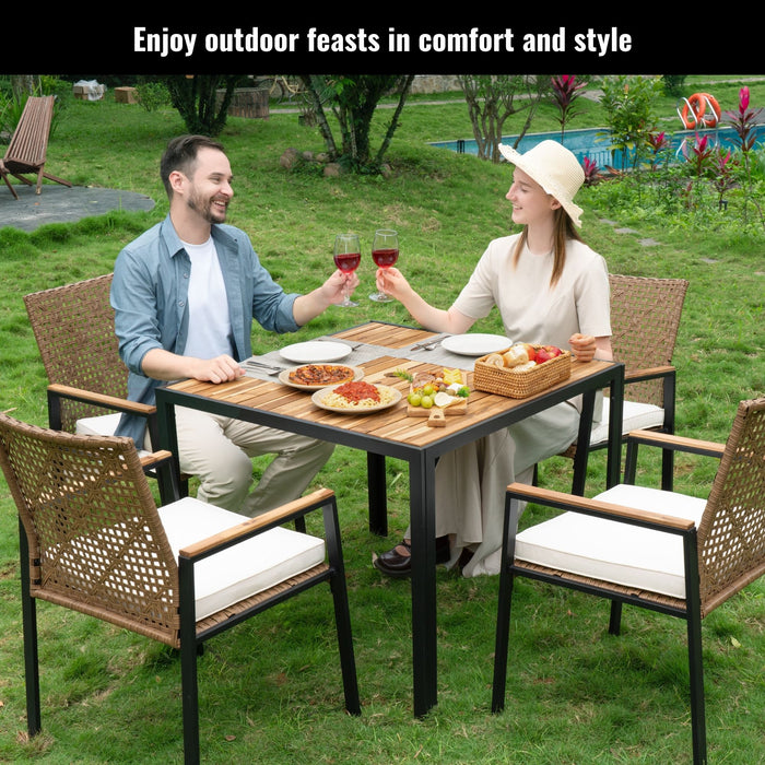 5 Piece Patio Dining Table Set, Acacia Wood Table Top With Umbrella Hole