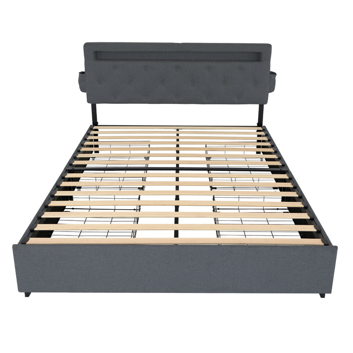 Bed With USB Charging Station, LED Lights, Headboard & Storage Drawers