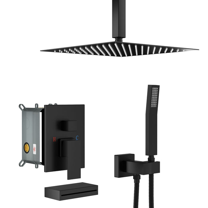 12" Ceiling Mount Shower System With Waterfall Tub Spout And Rough In Valve - Matte Black
