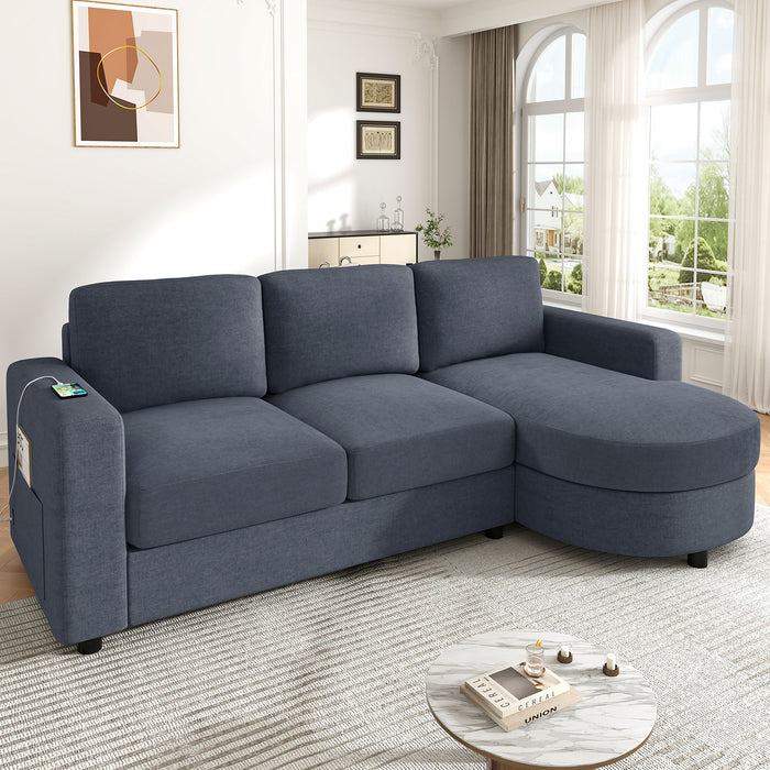 Modern L-Shaped Sectional Sofa With Curved Chaise, USB Ports, And Side Storage Pockets